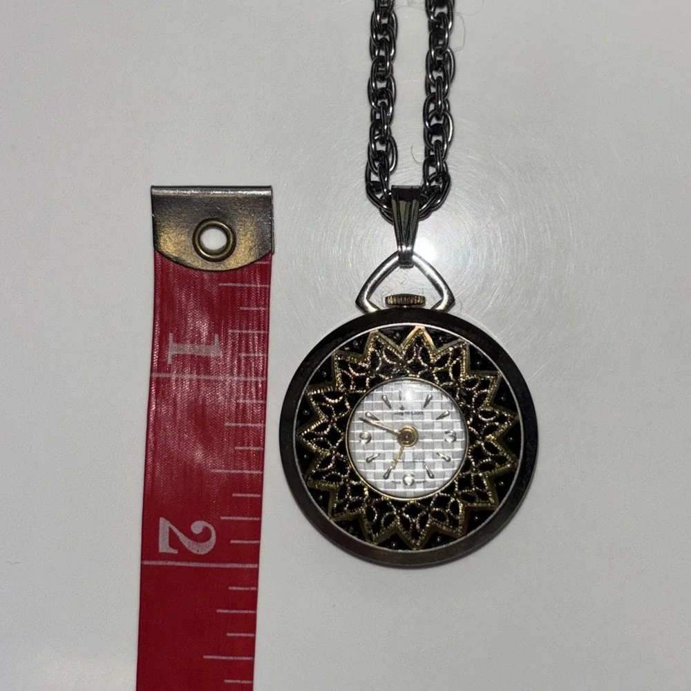 Vintage Alaron Pendant Watch Necklace Silver Tone Filigree Floral Sunburst Dial